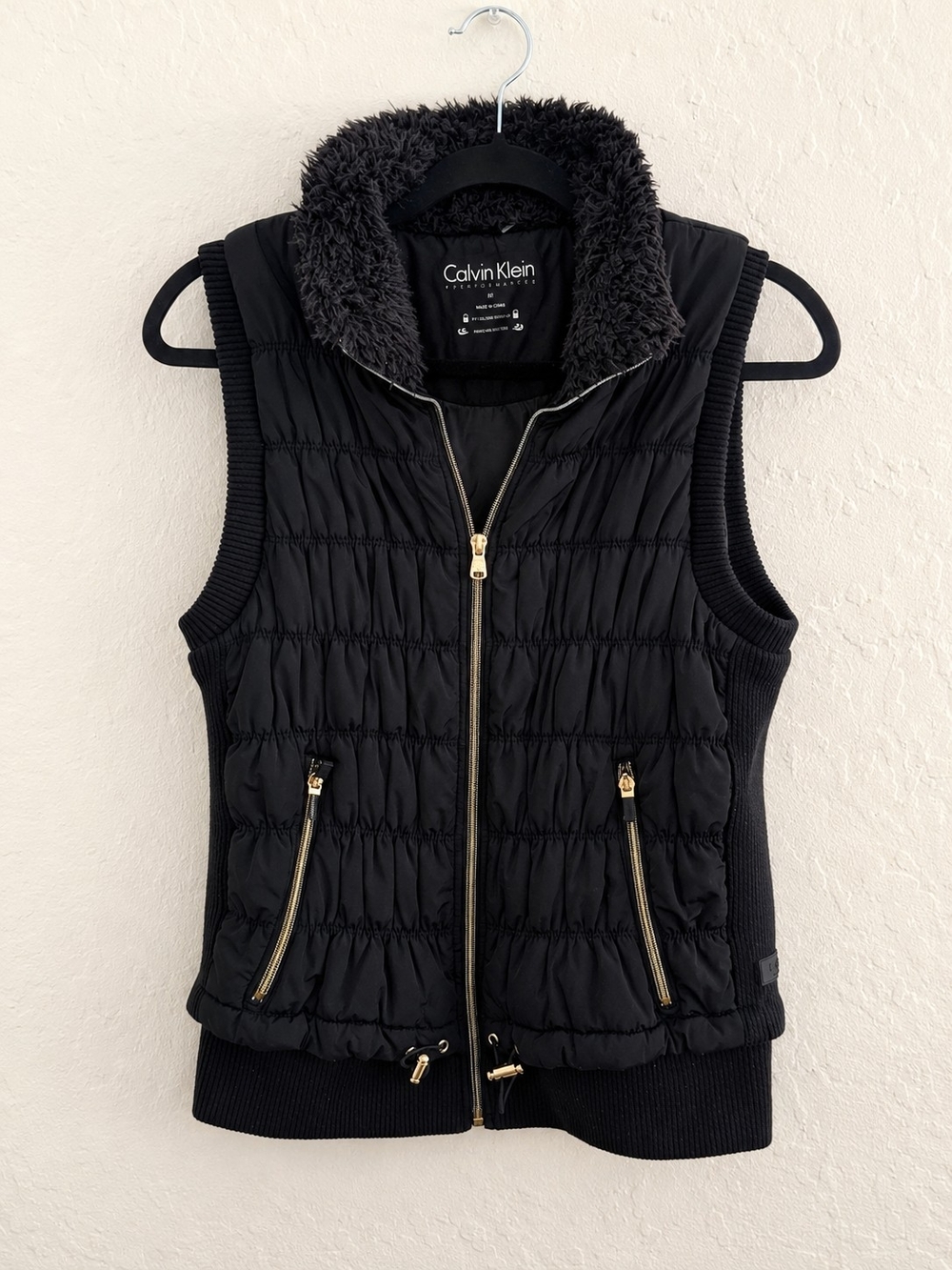 Calvin Klein Black Quilted Vest with Sherpa Collar and Gold Zippers